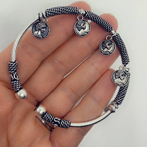 Handcrafted Coin Charm Bracelet | Adjustable Tibetan Silver Boho Bangle - Picture 7 of 15